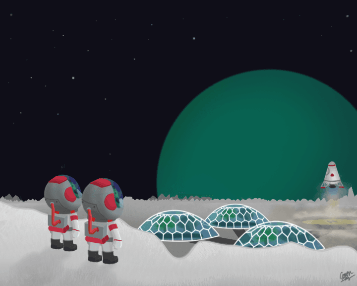 Two alien astronaughts on a cliff overlooking a colony and watching a rocket launch