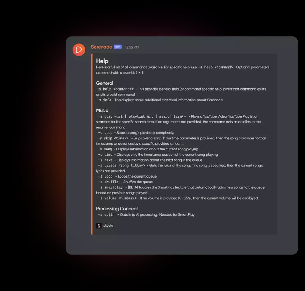 A picture of the Serenade Help Command Output